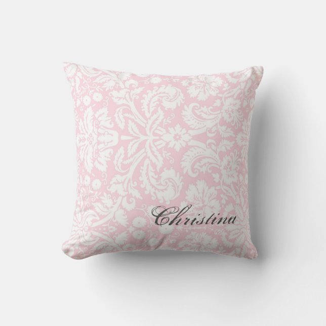 Pink Damask Pattern Monogram Pillow Kussen (Voorkant)