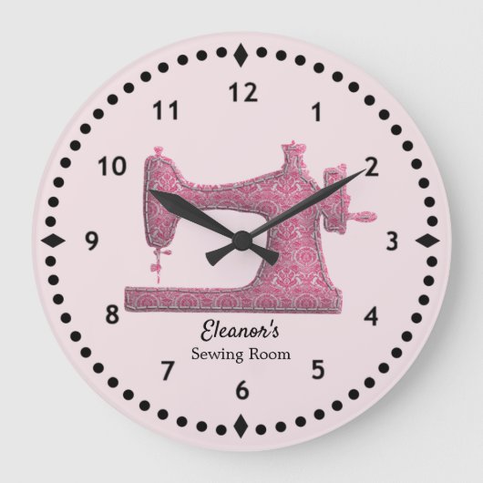 Pink Damask Sewing Machine Grote Klok (Voorkant)