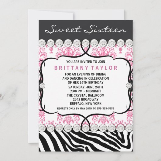 Pink Damask Zebra Sweet Sixteen Verjaardagsfeest Kaart (Voorkant)