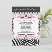 Pink Damask Zebra Sweet Sixteen Verjaardagsfeest Kaart (Staand voorkant)
