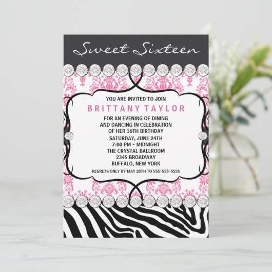 Pink Damask Zebra Sweet Sixteen Verjaardagsfeest Kaart (Staand voorkant)
