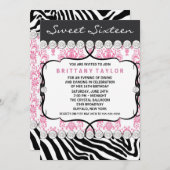 Pink Damask Zebra Sweet Sixteen Verjaardagsfeest Kaart (Voorkant / Achterkant)