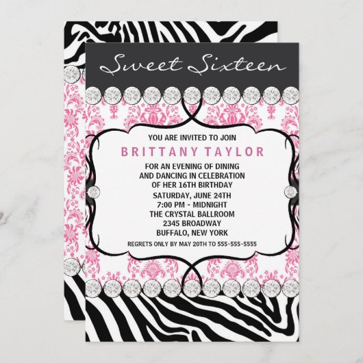 Pink Damask Zebra Sweet Sixteen Verjaardagsfeest Kaart (Voorkant / Achterkant)