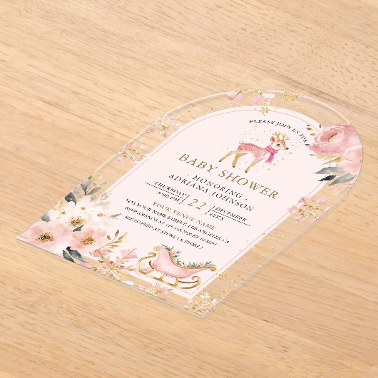 Pink Deer Winter Wonderland Arch Baby shower Acryl Uitnodigingen (Laagn)