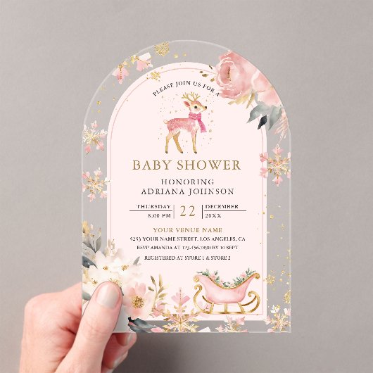 Pink Deer Winter Wonderland Arch Baby shower Acryl Uitnodigingen (Insitu (Draagbaar))