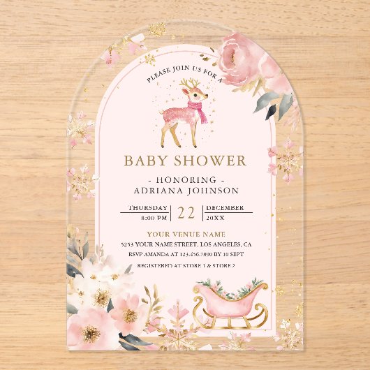 Pink Deer Winter Wonderland Arch Baby shower Acryl Uitnodigingen (Voorkant)