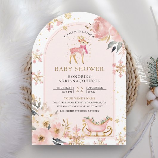 Pink Deer Winter Wonderland Arch Baby shower Kaart
