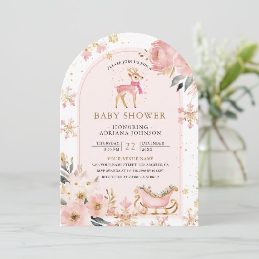 Pink Deer Winter Wonderland Arch Baby shower Kaart (Staand voorkant)