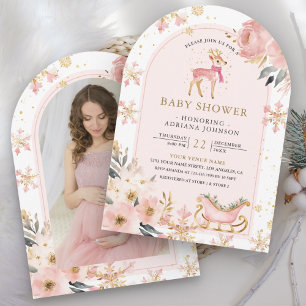 Pink Deer Winter Wonderland Foto Baby shower Kaart