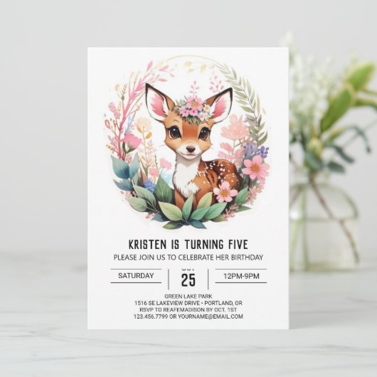 Pink Deer Woodland Adventure Meisje Verjaardag Kaart (Staand voorkant)