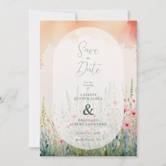 Pink Delicate Romantic Wildflowers Field Wedding Save The Date (Voorkant)
