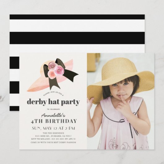 Pink Derby Pet Roos 1st Birthday Party Photo Invit Kaart (Voorkant / Achterkant)