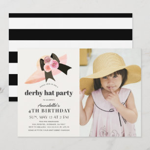 Pink Derby Pet Roos 1st Birthday Party Photo Invit Kaart