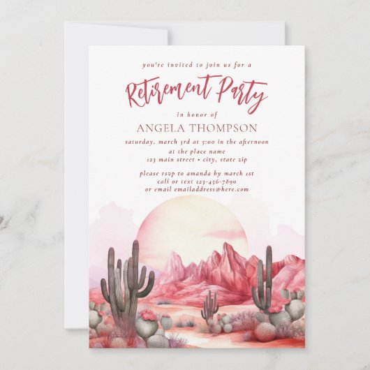 Pink Desert Waterverf Simple Retirement Party Inv Kaart (Voorkant)