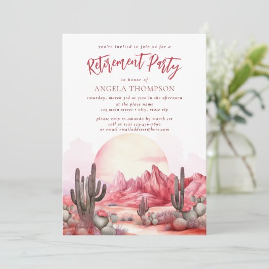 Pink Desert Waterverf Simple Retirement Party Inv Kaart (Staand voorkant)