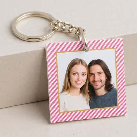 Pink Diagonal Stripe Photo Frame Sleutelhanger