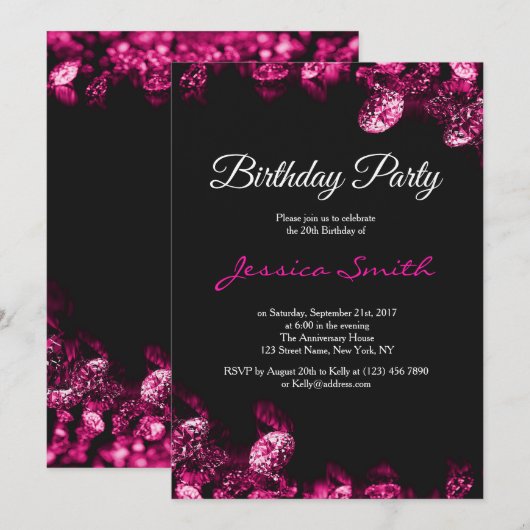 Pink Diamond Birthday Party Invite Kaart (Voorkant / Achterkant)