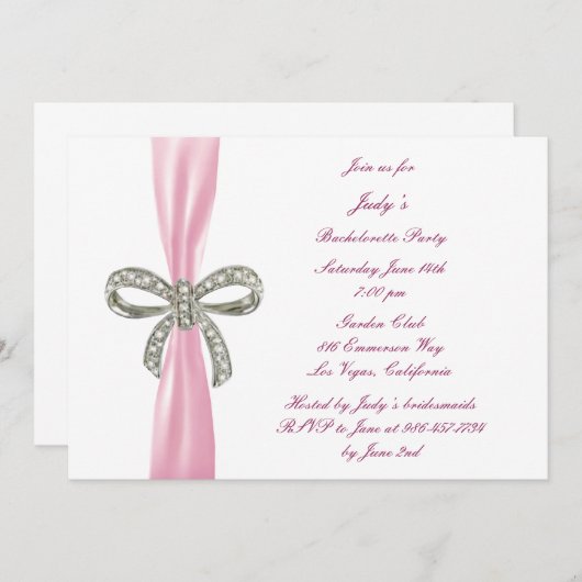 Pink Diamond Bow Bachelorette Party Uitnodiging (Voorkant / Achterkant)