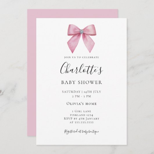 Pink Diamond Bow Girl Baby Shower Invitation Kaart (Voorkant / Achterkant)