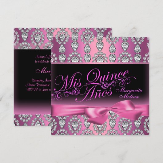 Pink Diamond & Bow Quinceanera Uitnodiging (Voorkant / Achterkant)