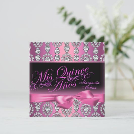 Pink Diamond & Bow Quinceanera Uitnodiging (Staand voorkant)