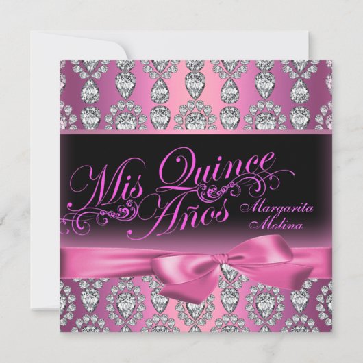 Pink Diamond & Bow Quinceanera Uitnodiging (Voorkant)