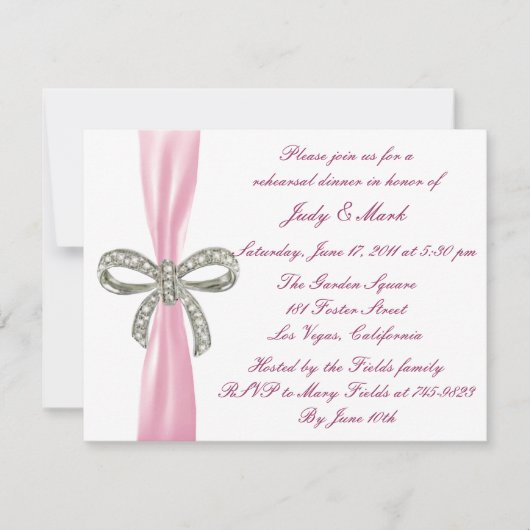 Pink Diamond Bow Wedding Rehearsal Dinner Invite Kaart (Voorkant)