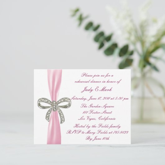 Pink Diamond Bow Wedding Rehearsal Dinner Invite Kaart (Staand voorkant)