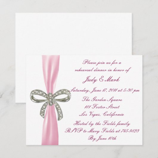 Pink Diamond Bow Wedding Rehearsal Dinner Invite Kaart (Voorkant / Achterkant)