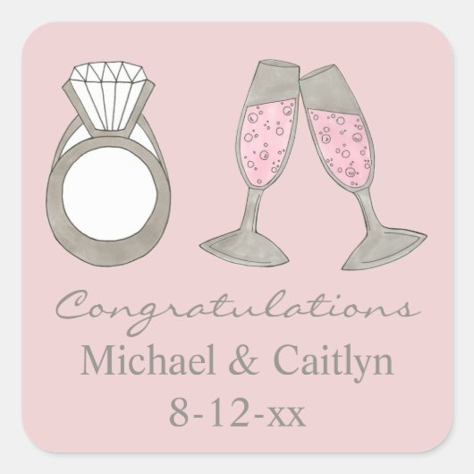Pink Diamond Champagne Gefeliciteerd Wedding Vierkante Sticker (Voorkant)