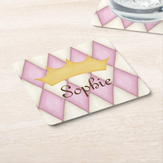 Pink Diamond Check Persoonlijke naam Princess Kartonnen Onderzetters (Schuin)