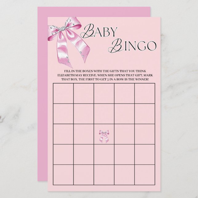 Pink Diamond Coquette Bow Baby shower Bingo (Voorkant / Achterkant)
