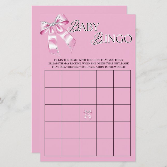 Pink Diamond Coquette Bow Baby shower Bingo (Voorkant / Achterkant)