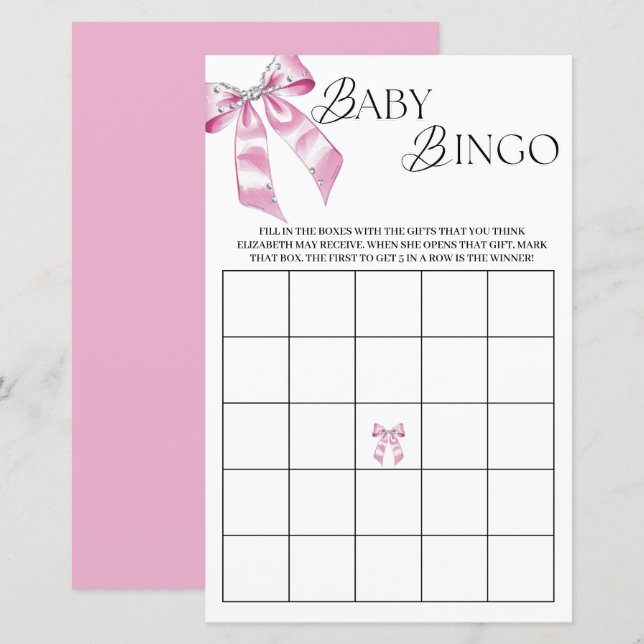 Pink Diamond Coquette Bow Baby shower Bingo (Voorkant / Achterkant)