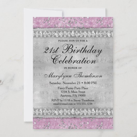 Pink Diamonds Birthday Invitation Velvet Silver Kaart (Voorkant)