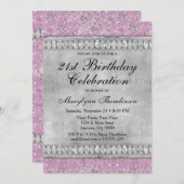 Pink Diamonds Birthday Invitation Velvet Silver Kaart (Voorkant / Achterkant)