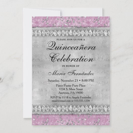 Pink Diamonds Quinceañera Invitation Velvet Silver Kaart (Voorkant)