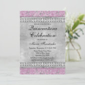 Pink Diamonds Quinceañera Invitation Velvet Silver Kaart (Staand voorkant)