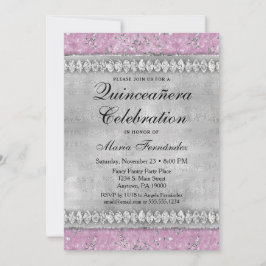 Pink Diamonds Quinceañera Invitation Velvet Silver Kaart