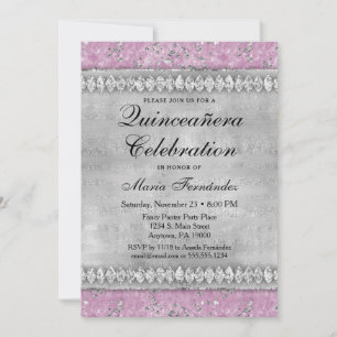 Pink Diamonds Quinceañera Invitation Velvet Silver Kaart