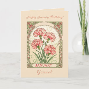 Pink Dianthus Art Nouveau-stijl verjaardag in janu Kaart