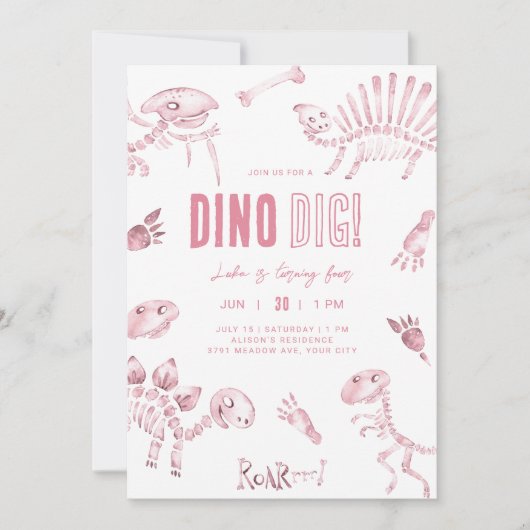 Pink Dino Dig Verjaardag Kaart (Voorkant)
