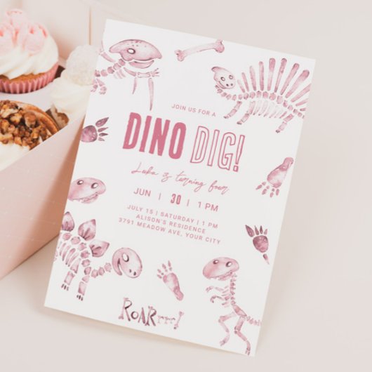 Pink Dino Dig Verjaardag Kaart