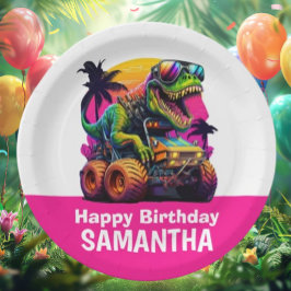PINK Dino-Mite MONSTER TRUCK Verjaardagsfeest Papieren Bordje