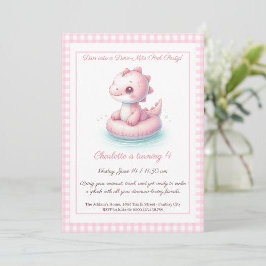 Pink Dino Pool Party – Uitnodiging voor verjaardag (Staand voorkant)