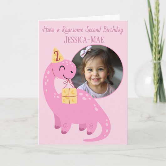 Pink Dinosaur 2nd Birthday Card Kaart (Voorkant)