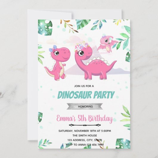 Pink Dinosaur baby shower uitnodiging (Voorkant)
