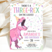 Pink Dinosaur Birthday Invitation Editable Three 3 Kaart