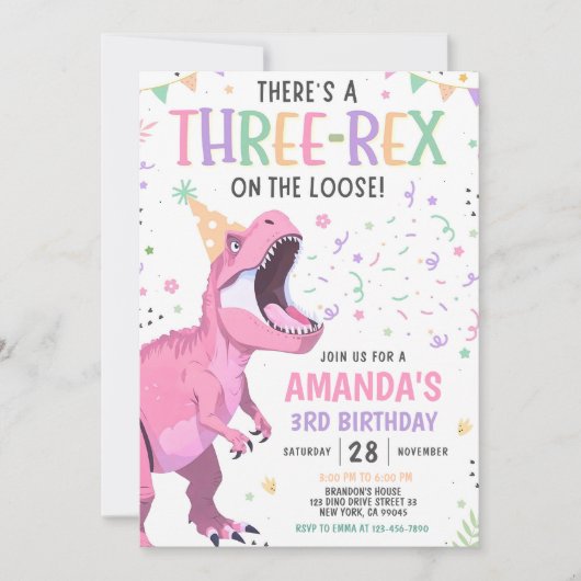 Pink Dinosaur Birthday Invitation Editable Three 3 Kaart (Voorkant)