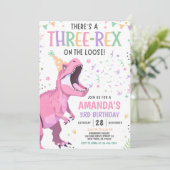Pink Dinosaur Birthday Invitation Editable Three 3 Kaart (Staand voorkant)